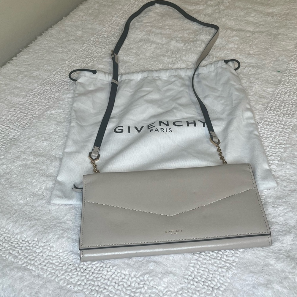 Givenchy Paris Leather Wallet on Chain Crossbody Clutch Taupe Gold Hardware